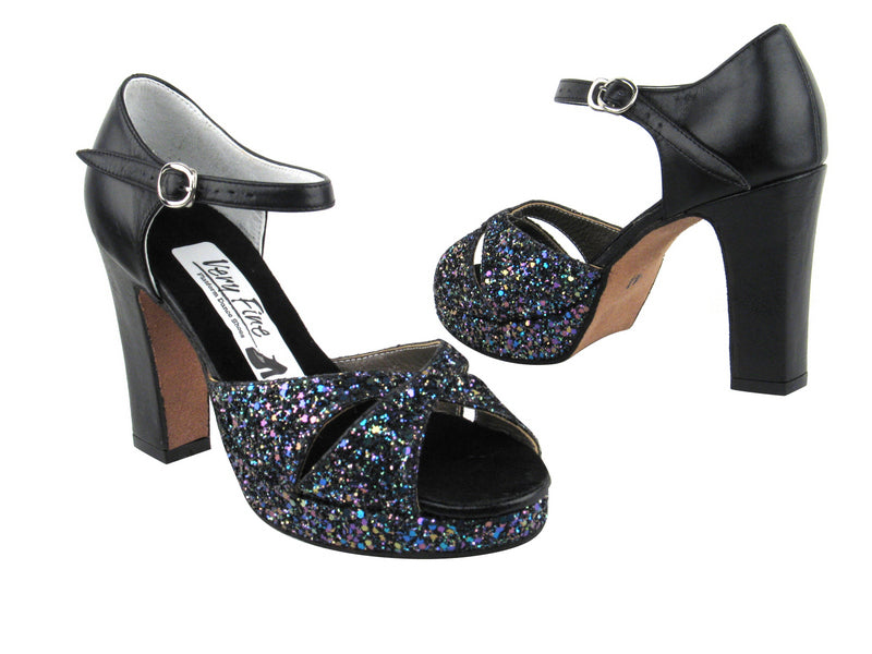 6029Platform 72 Blue Sparkle_Black Leather with 3.75&quot; Square Heel heel in the photo