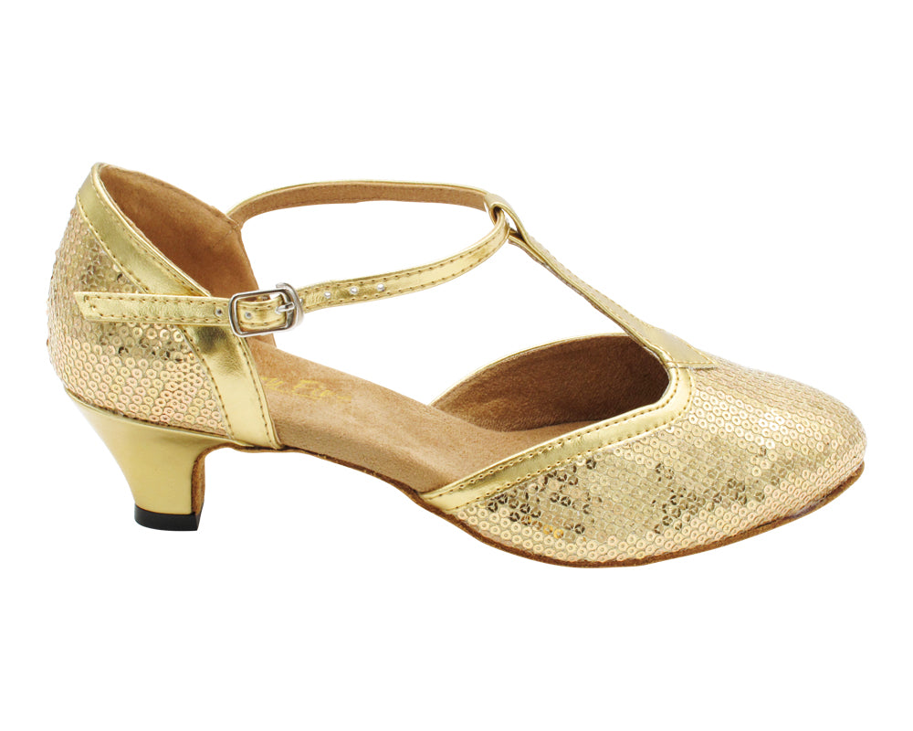 6814 Gold Sequin &amp; Shiny Gold Trim with 1.3" Cuban Heel (387) in the photo