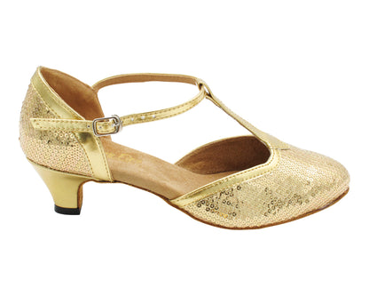 6814 Gold Sequin &amp; Shiny Gold Trim with 1.3" Cuban Heel (387) in the photo