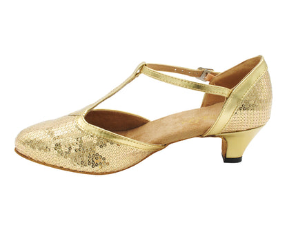 6814 Gold Sequin &amp; Shiny Gold Trim with 1.3" Cuban Heel (387) in the photo