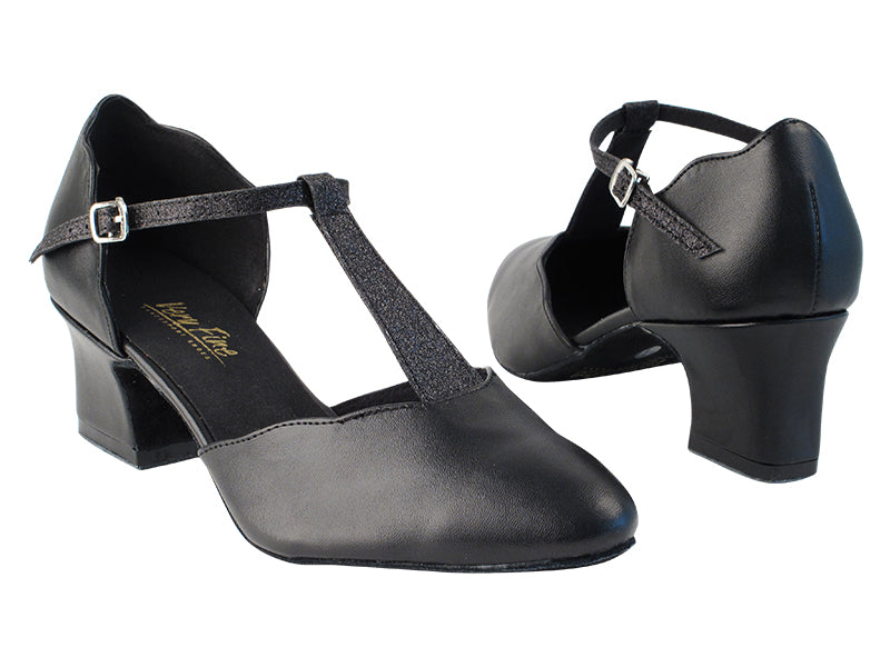 6819 140 Black PU_127 Black Stardust_T Straps with 2&quot; Thick Cuban Heel in the photo