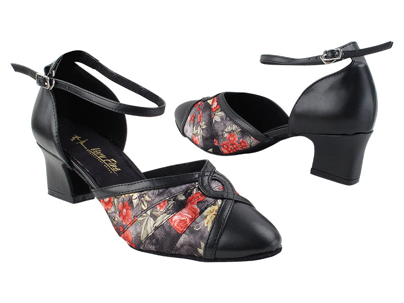 6825B Black Leather_Black Flower Satin with 2&quot; Thick Cuban Heel (3149) in the photo