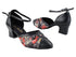 6825B Black Leather_Black Flower Satin with 2" Thick Cuban Heel (3149) in the photo