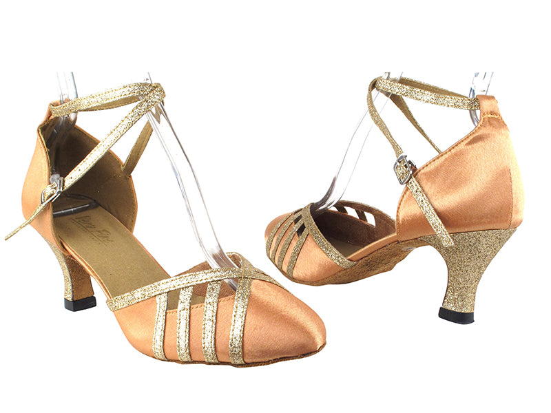 6857 193 Tan Satin_125 Gold Stardust Trim with 2.5&quot; Heel in the photo
