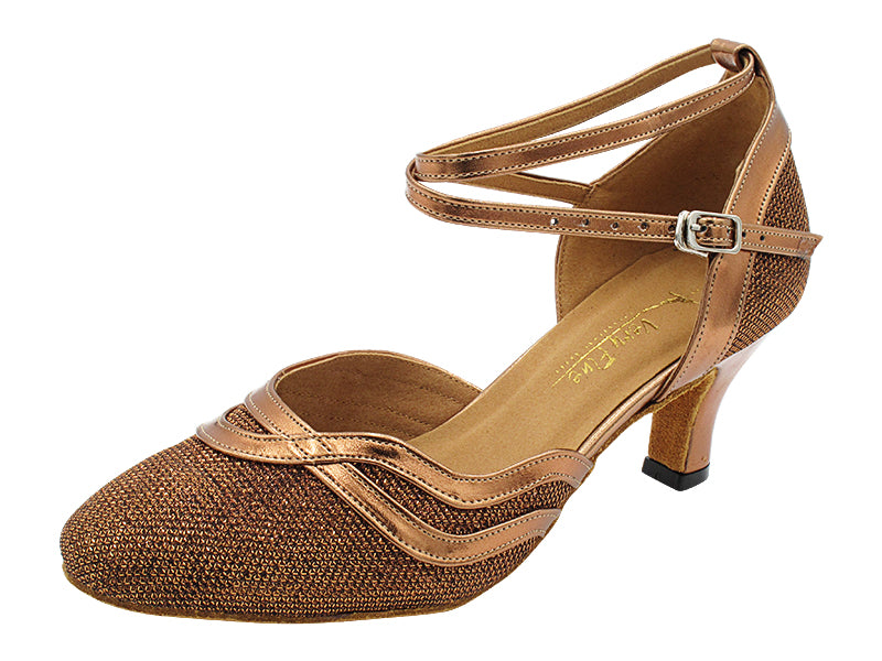7887LEDSS Copper Glitter Satin &amp; Dark Tan Copper Leather Trim with 2.5&quot; Heel (2899) in the photo