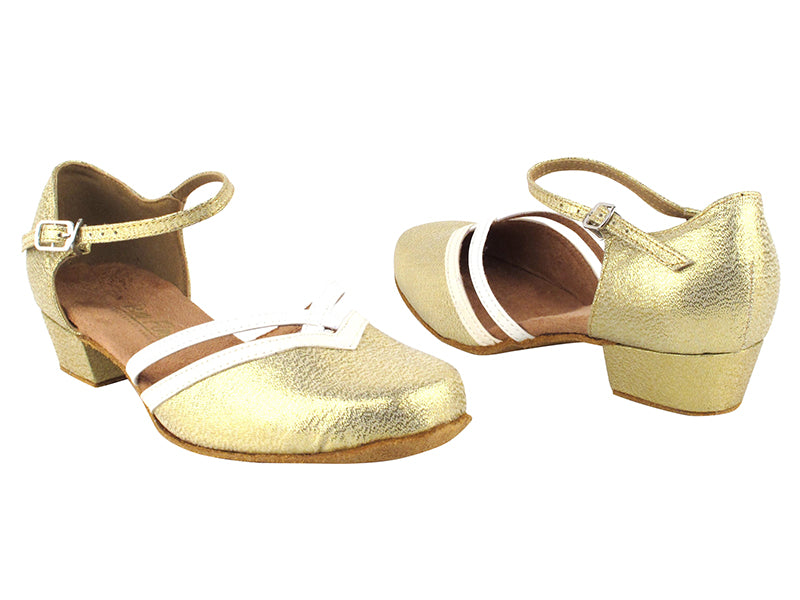 8881 21 Gold Glitter Satin_Creamy White PU Trim with 1&quot; Women Heel in the photo 