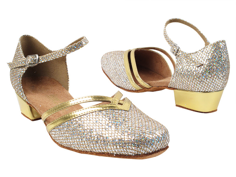 8881 74 Gold Sparklenet_62 Gold PU Trim_H with 1 inch Women Heel in the photo