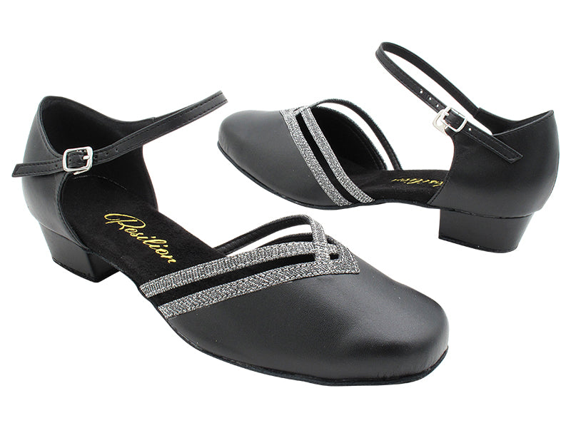 8881 Black Leather &amp; 105 Glitter Black Satin Trim with 1&quot; Women Heel (8881) in the photo