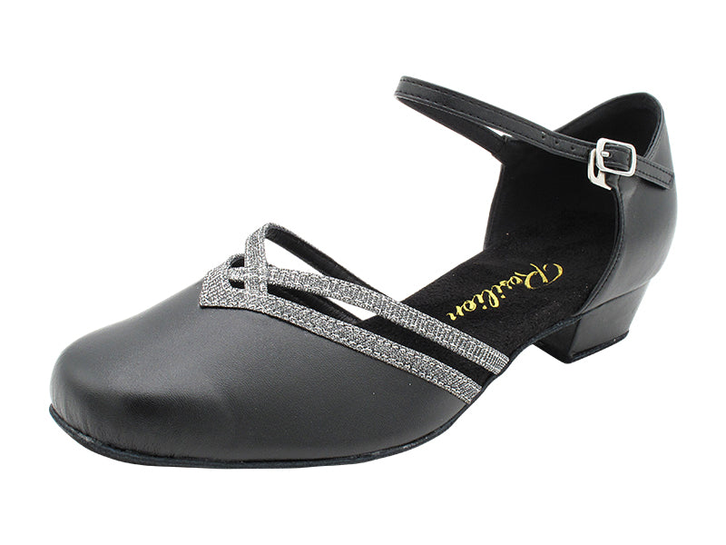 8881 Black Leather &amp; 105 Glitter Black Satin Trim with 1&quot; Women Heel (8881) in the photo