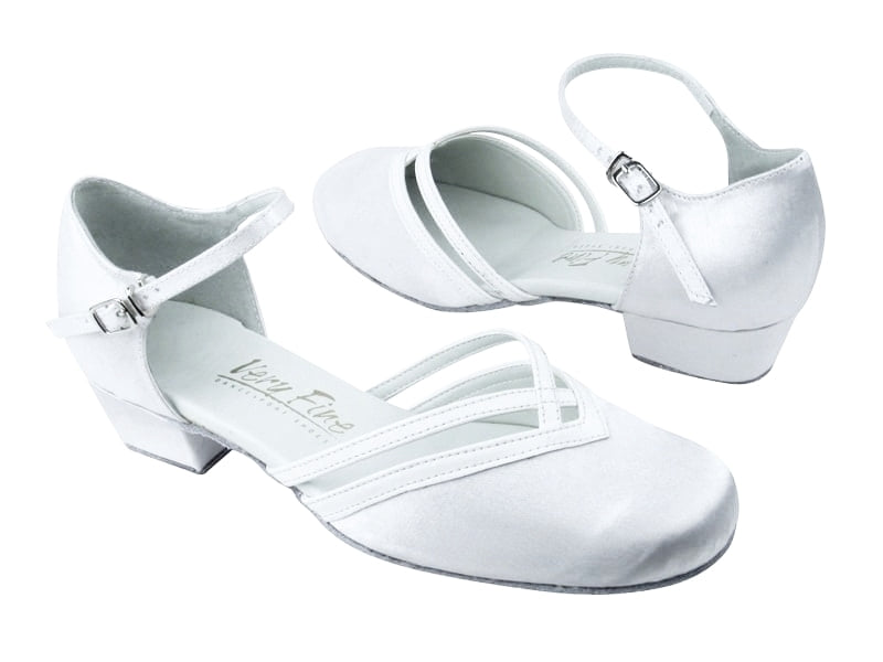 8881 White Satin &amp; White Leather Trim with 1&quot; Medium heel in the photo