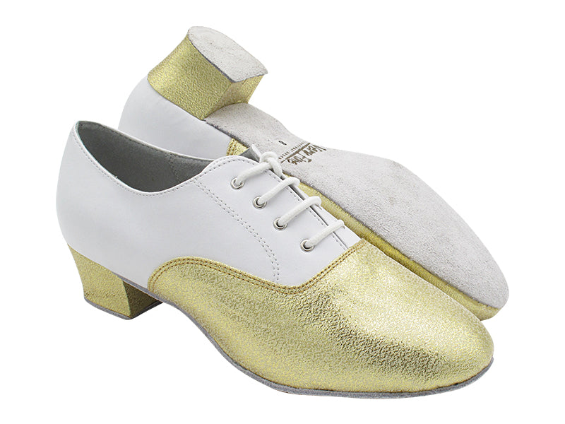 915108 21 Gold Glitter Satin_F_H_18 White Leather_B with Men 1.5&quot; Latin Heel in the photo