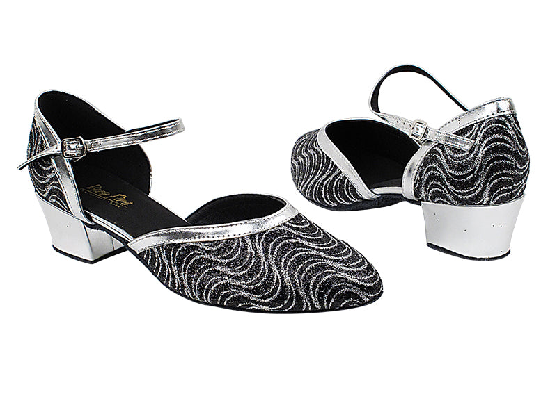 9621 213 Black_Silver Glitter_Silver PU Trim_H with 1.5&quot; Medium Heel in the photo