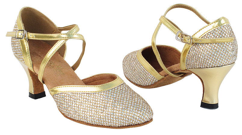 9621X Gold Sparklenet &amp; Gold Leather Trim with 2.5&quot; Heel in the photo