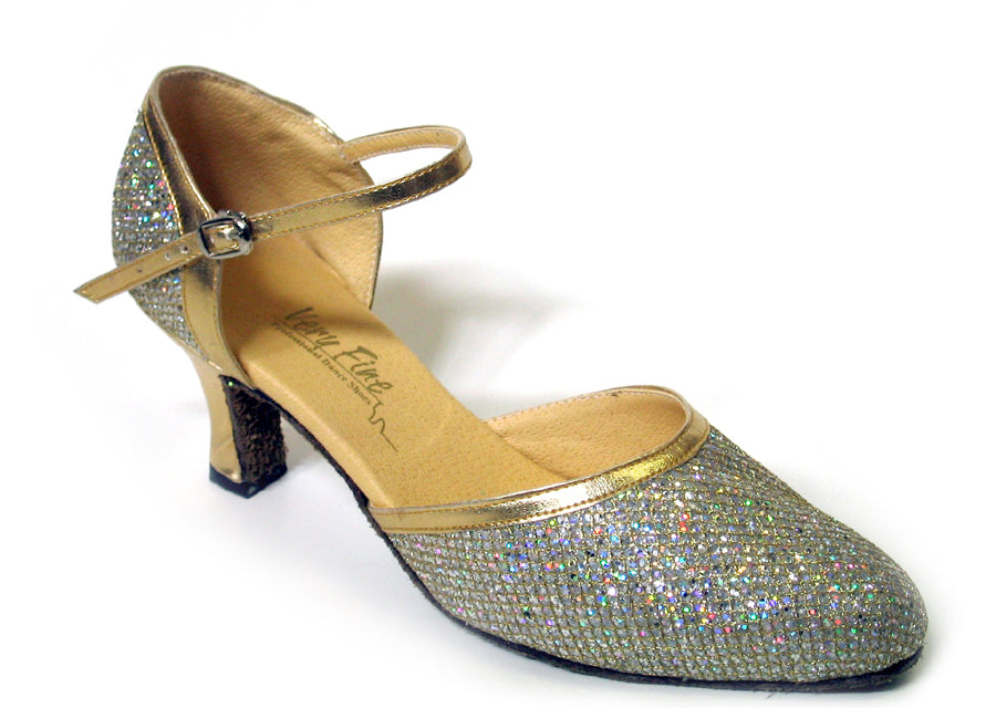 9621 Gold Sparklenet &amp; Gold Trim with 2.5" low heel in the photo