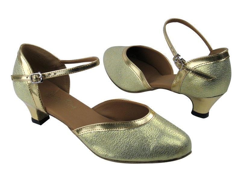 9621 21 Gold Glitter Satin_Gold Leather Trim with 1.3&quot; Cuban heel in the photo