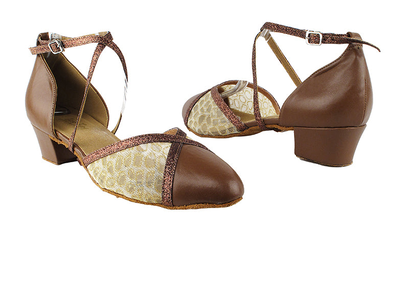 9622 133 Coffee Brown Leahter_177 Mesh_212 Copper Stardust Trim 1.5&quot; Medium Heel in the photo