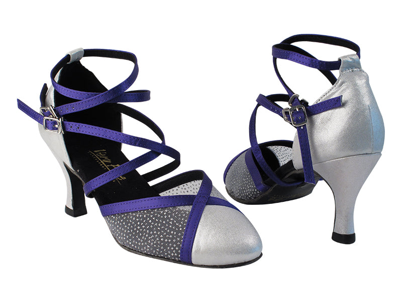 9622 259 Silver Satin_245 Voilet Satin Trim_307 Mesh_1630 BackStrap with 2.75&quot; Slim Flare Heel in the photo