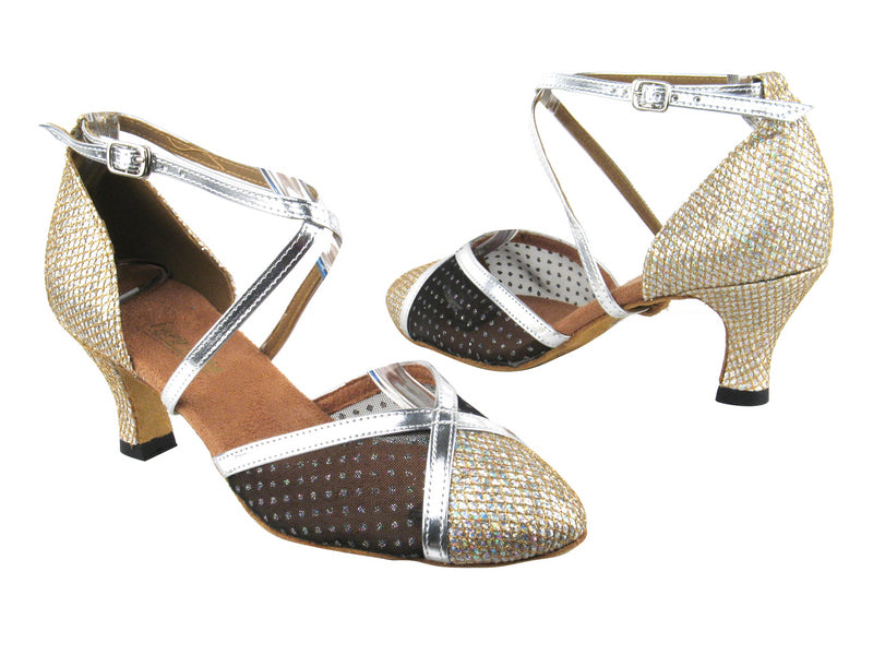 9622 74 Gold Sparklenet_109 Mesh_Silver Leather Trim with 2.5&quot; Heel in the photo