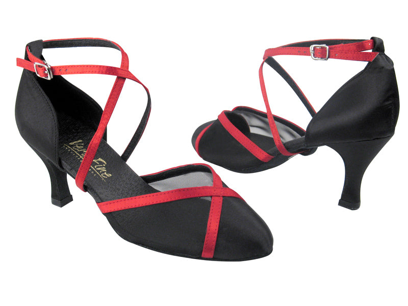9622 Black Satin & Red Satin Trim & Black Mesh with 2.75" Heel in the photo