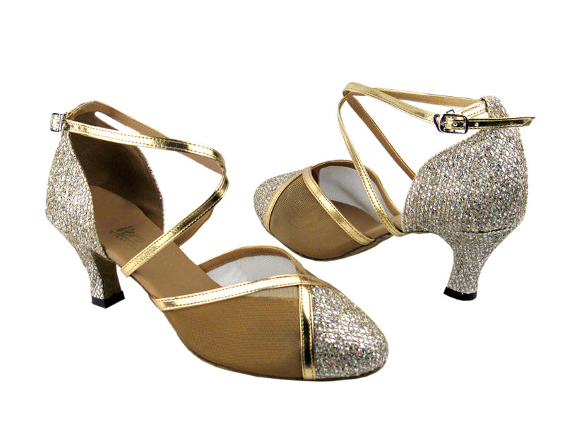 9622 Gold Sparklenet &amp; Gold Leather Trim &amp; Gold Mesh with 2.5&quot; Low Heel in the photo