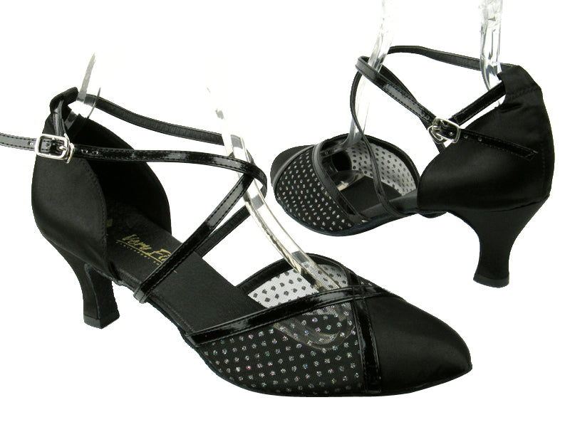 9622 Black Satin_109 Mesh_Black Patent Trim with 2.5&quot; low heel in the photo