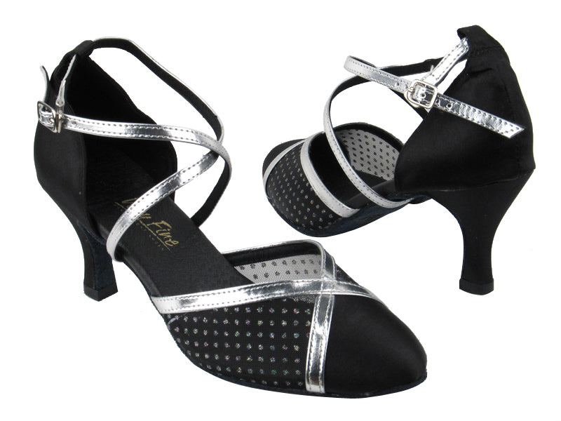 9622 Black Satin_109 Mesh_Silver Leather Trim with 2.75&quot; heel in the photo