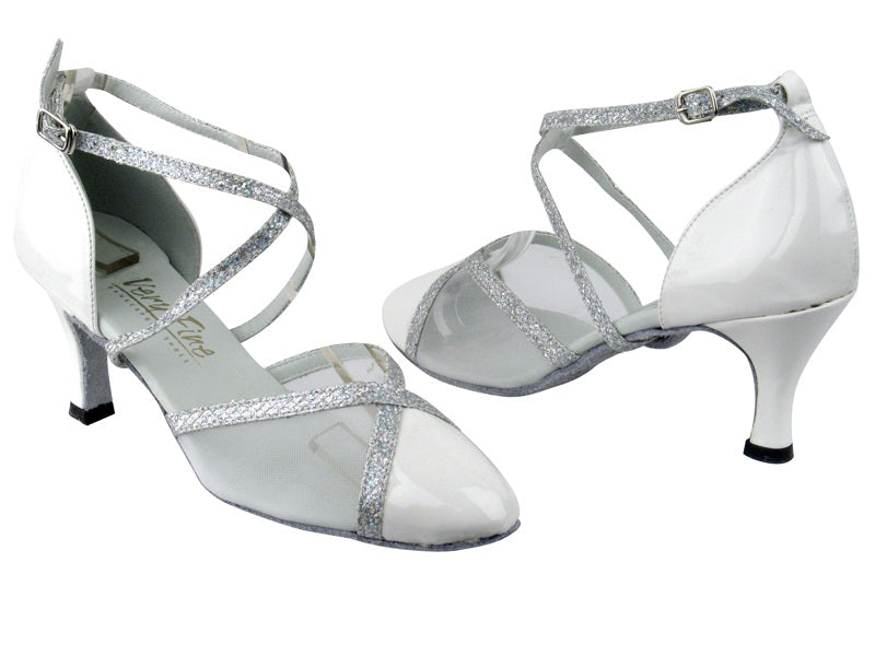 9622 White Patent_Silver Sparklenet Trim_White Mesh with 2.6&quot; Flare heel in the photo
