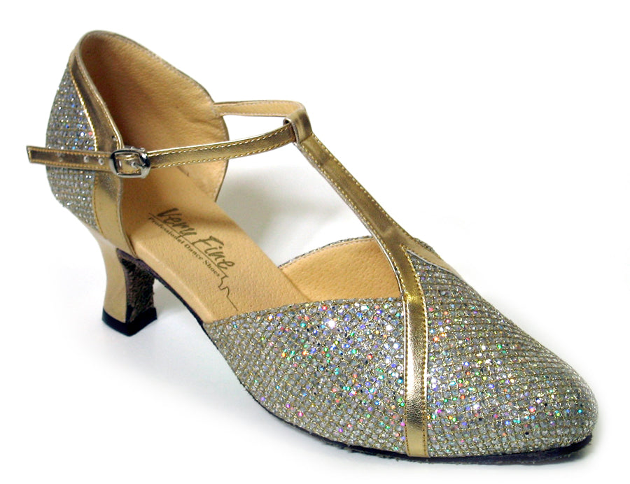 9625 Gold Sparklenet &amp; Gold Trim with 2.5" low heel in the photo