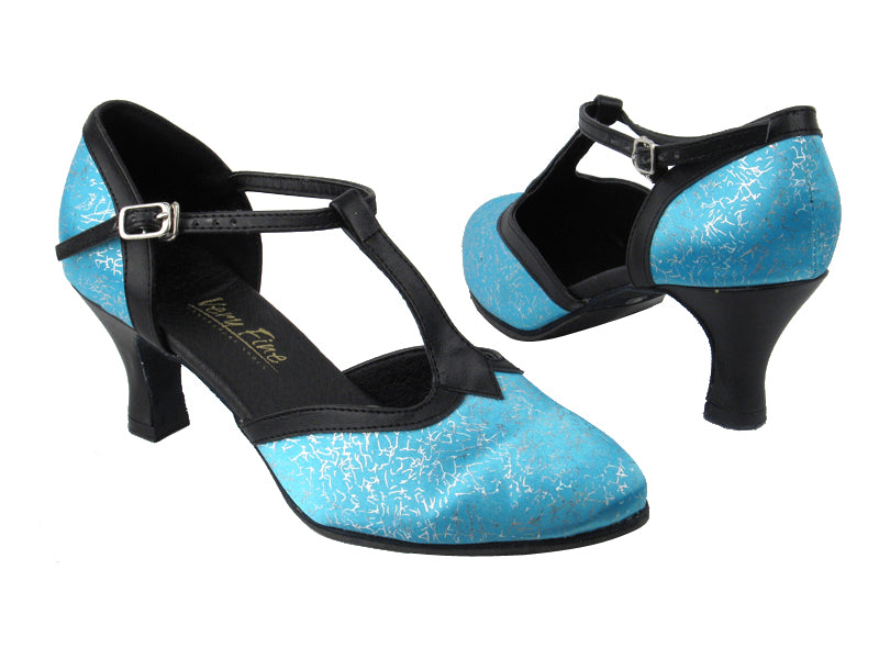 9627 104 Blue Flower Satin_Black Leather Trim with 2.5&quot; low heel in the photo