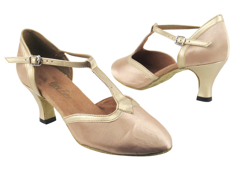 9627 135 Light Brown Satin_57 Light Gold PU Trim with 2.5&quot; low heel in the photo