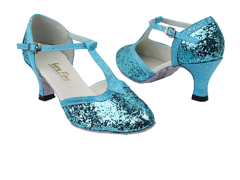 9627 188 Light Blue Sparkle_102 Blue Flower Satin Trim  with 2.5&quot; Low Heel in the photo