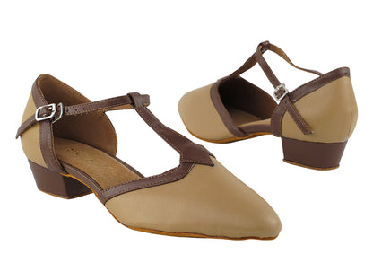 9627FT Beige Brown PU_Coffee Brown PU Trim with 1&quot; Flat Heel in the photo