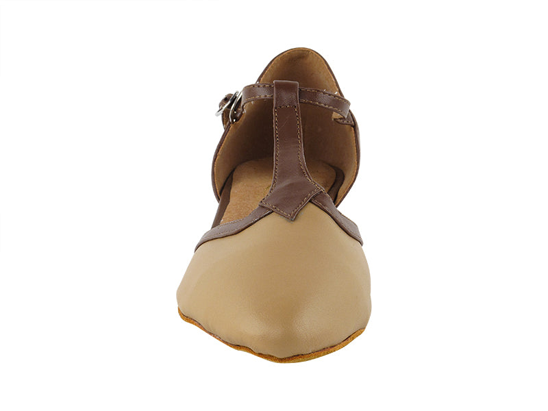 9627FT Beige Brown PU_Coffee Brown PU Trim with 1&quot; Flat Heel in the photo