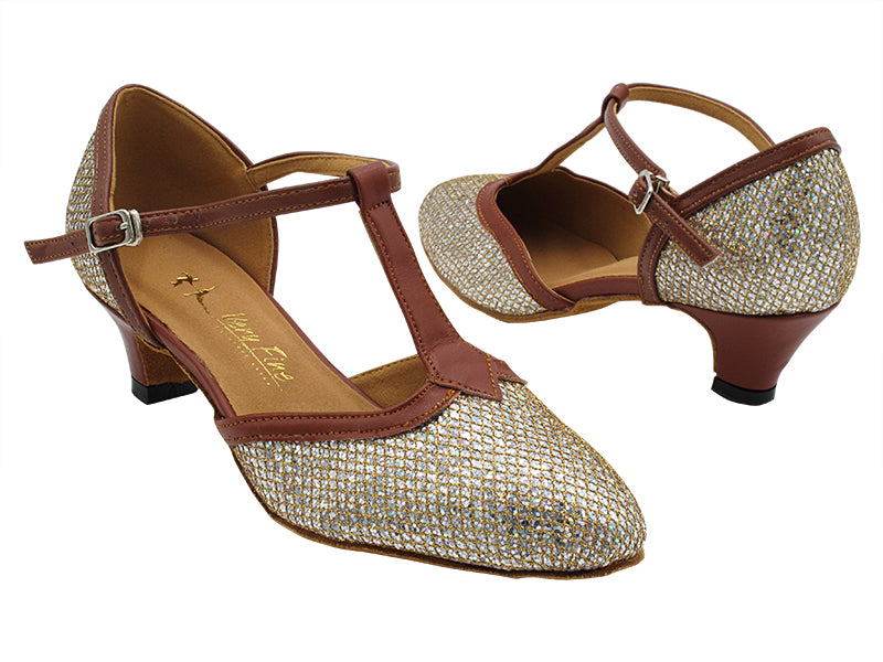 9627 Gold Sparklenet &amp; Coffee Brown PU Trim with 1.3&quot; Cuban Heel (387) in the photo