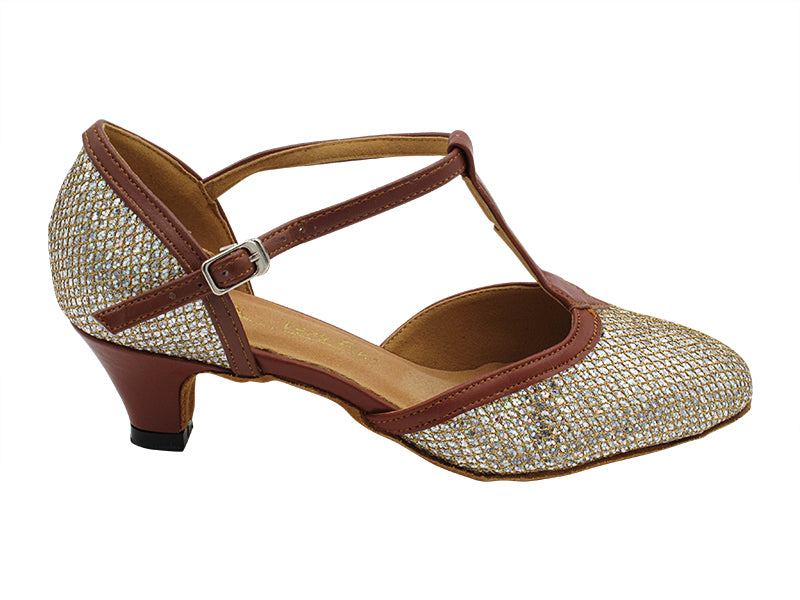 9627 Gold Sparklenet &amp; Coffee Brown PU Trim with 1.3&quot; Cuban Heel (387) in the photo