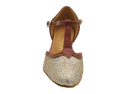 9627 Gold Sparklenet &amp; Coffee Brown PU Trim with 1.3&quot; Cuban Heel (387) in the photo