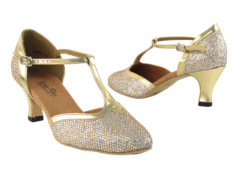 9627 Gold Sparklenet &amp; Gold Trim with 2.5" low heel in the photo