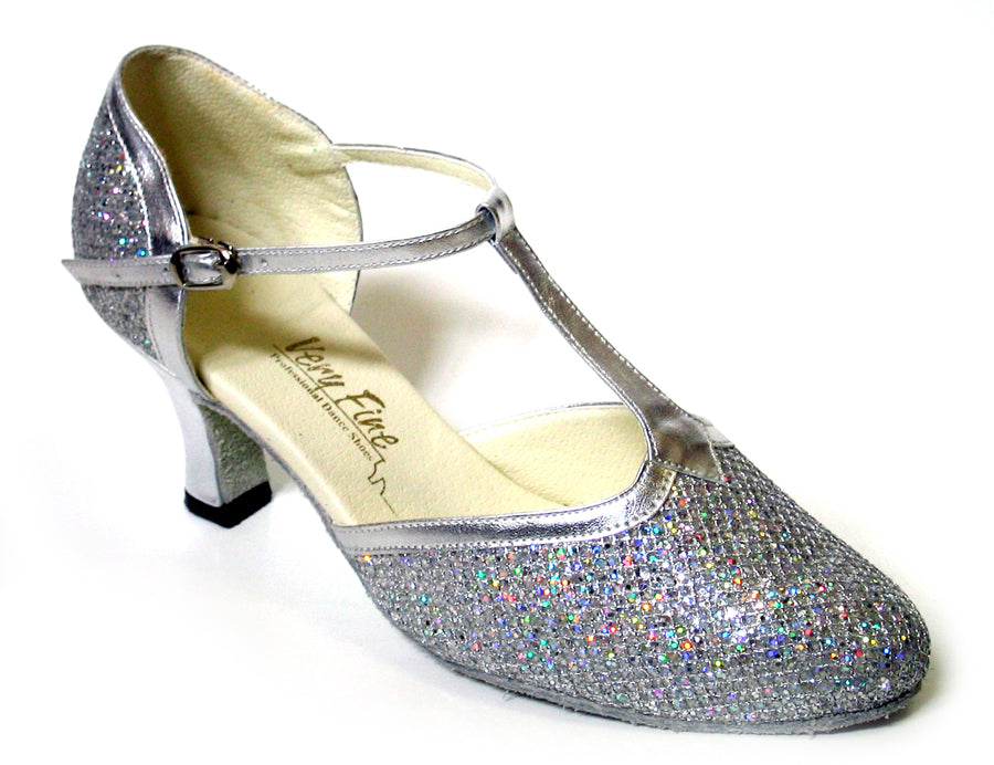 9627 Silver Sparklenet &amp; Silver Trim with 2.5&quot; low heel in the photo