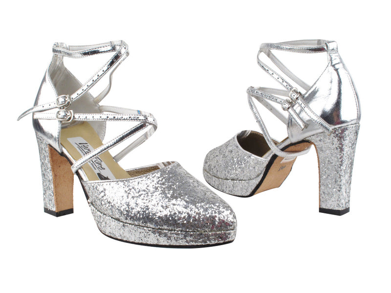 9691DPlatform Silver Sparkle_Silver Leather_Double straps with 3.75" Square Heel heel in the photo