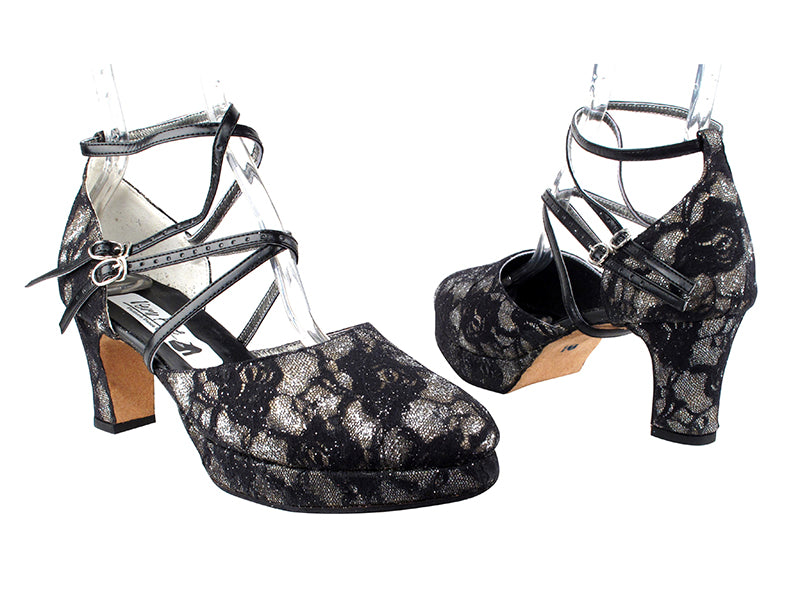 9691DPlatform Black Lace Silver Scale_Double Straps with 3" Square Heel heel in the photo