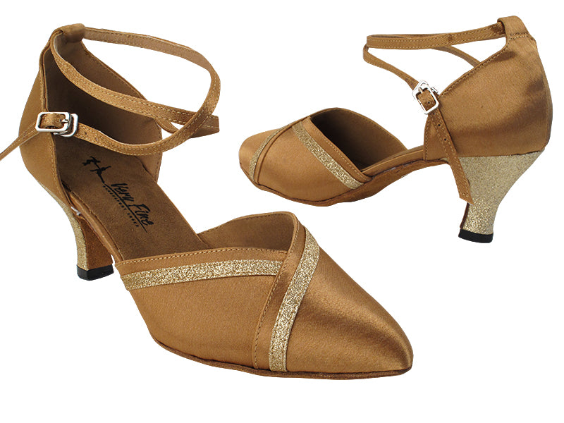 9692LEDSS Brown Satin_Gold Stardust Trim with 2.5&quot; low heel in the photo