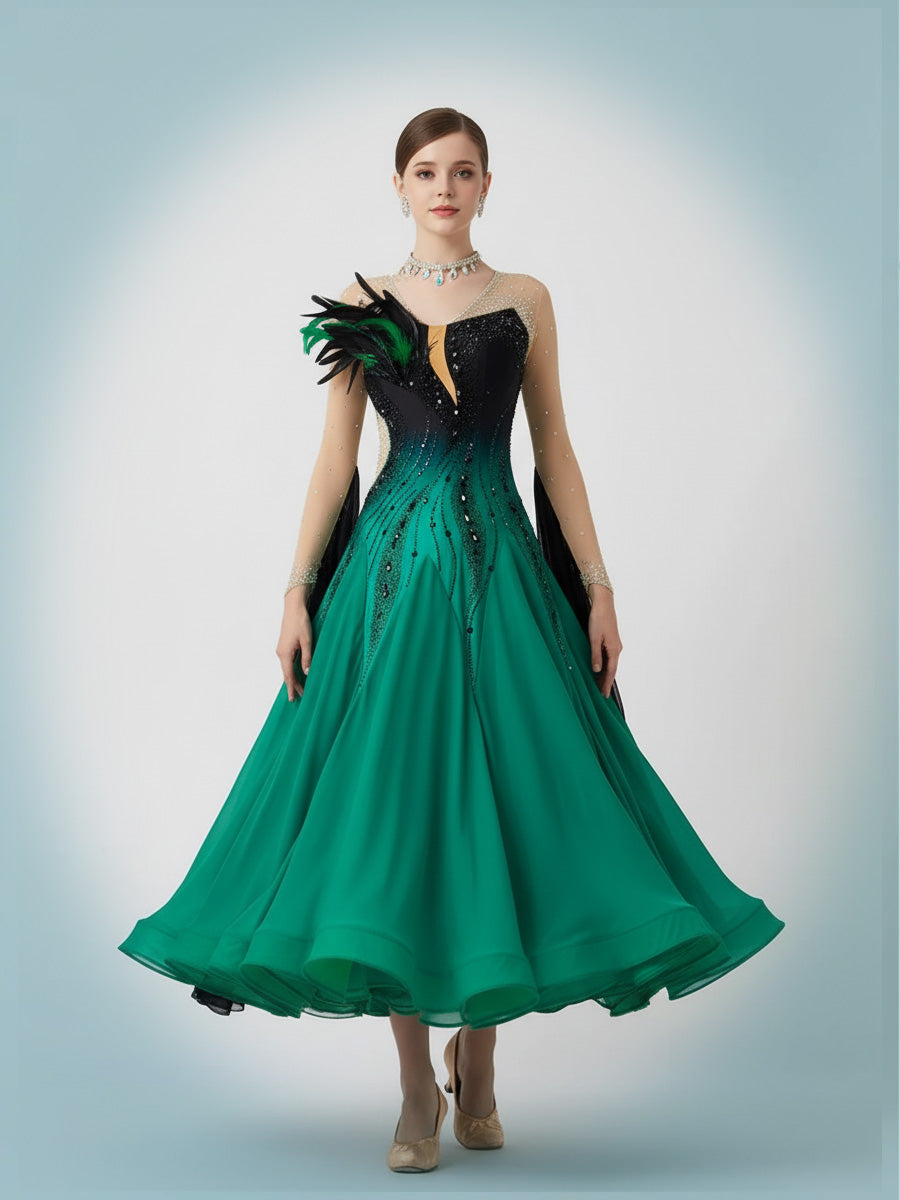 Custom Standard Ballroom Dance Dress with Feathers and Rhinestones