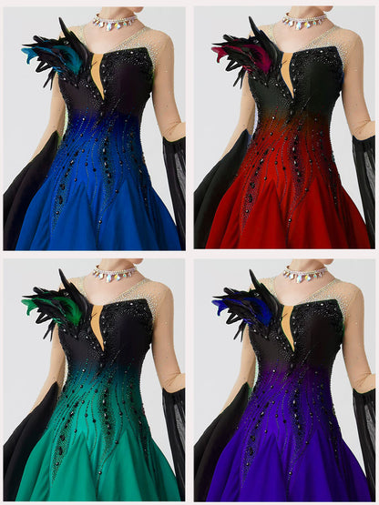 Gradient Standard Ballroom Dance Dress with Feathers and Rhinestones