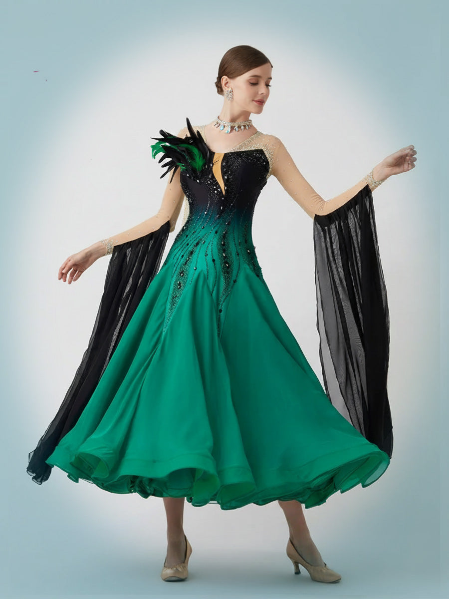 Custom Standard Ballroom Dance Dress with Feathers and Rhinestones