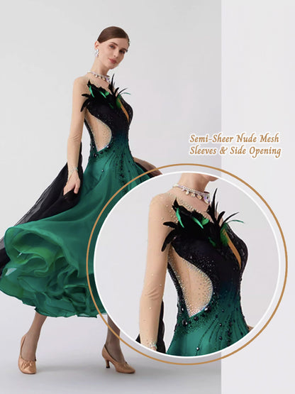 Custom Standard Ballroom Dance Dress with Feathers and Rhinestones