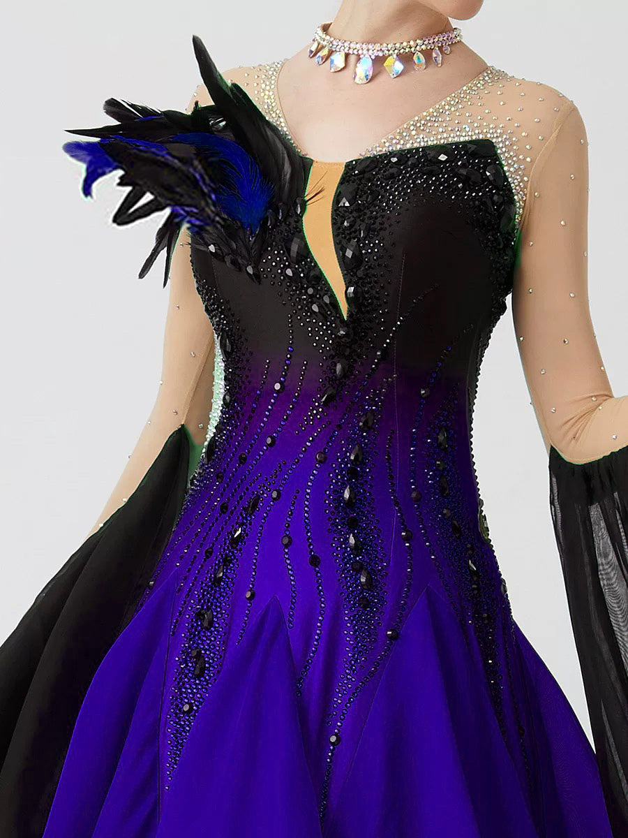 Custom Standard Ballroom Dance Dress with Feathers and Rhinestones