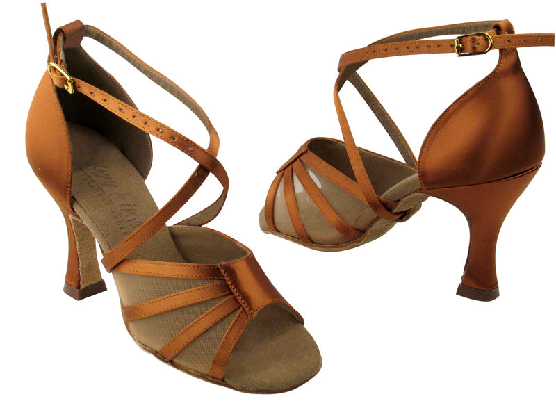 C1601 Dark Tan Satin &amp; Flesh Mesh with 3&quot; Flare heel in the photo
