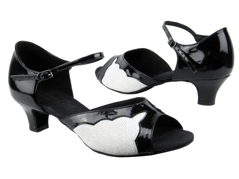 C1616 BD67 Glitter Silver Satin_BA60 Black Patent Trim with 1.2&quot; heel in the photo