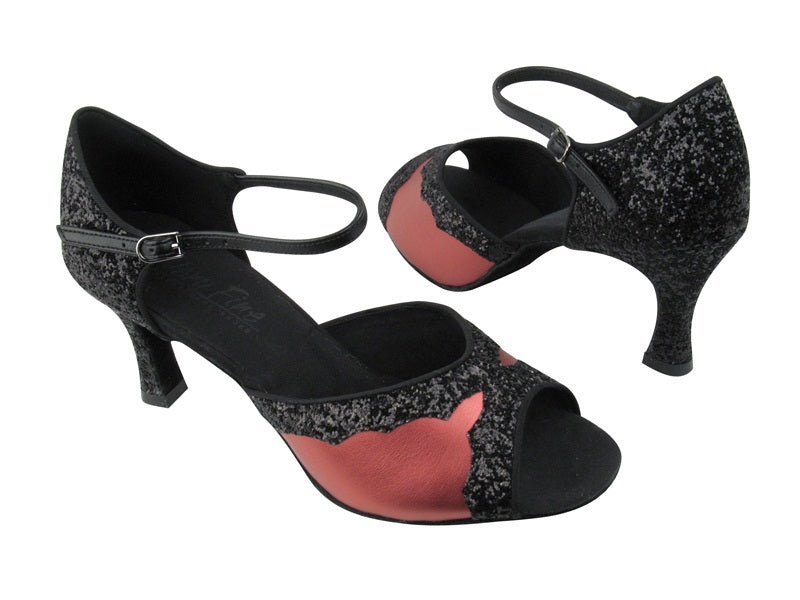 C1616 BB9 Coffee Red Leahter_BF16 Black Sparkle Trim with 2.75&quot; Flare Heel 