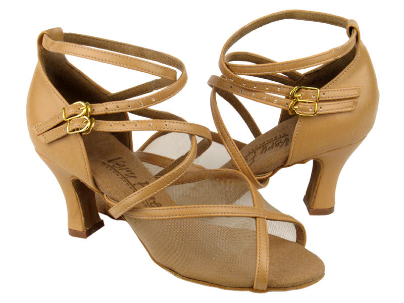 C1630 Beige Brown Leather &amp; Flesh Mesh with 2.5" heel in the photo